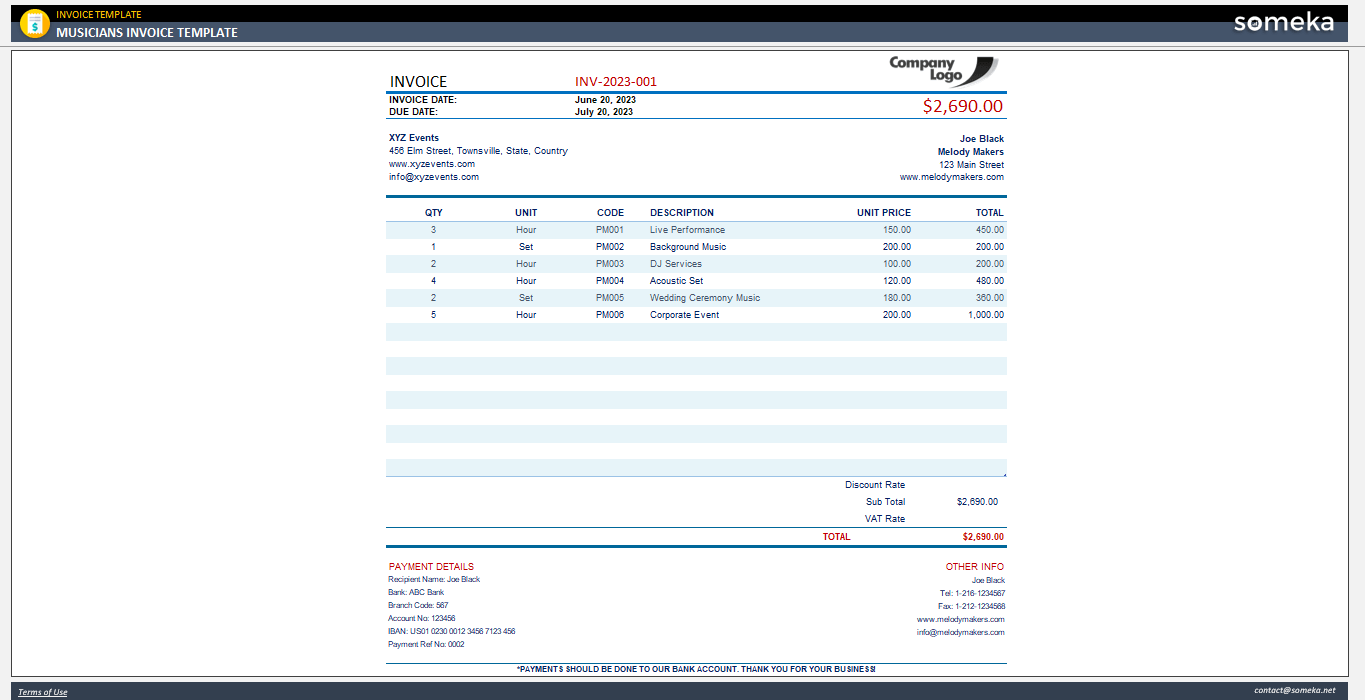 Musicians Invoice Template Someka Example Cover