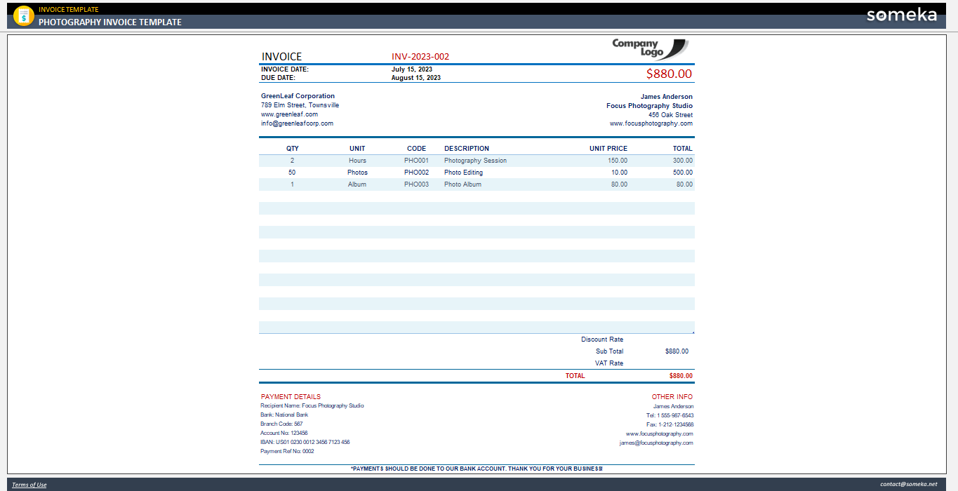 Photography Invoices Template Someka Example Cover