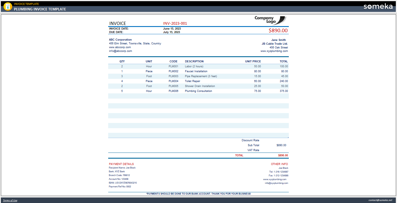 Plumbing Invoice Template Someka Example Cover