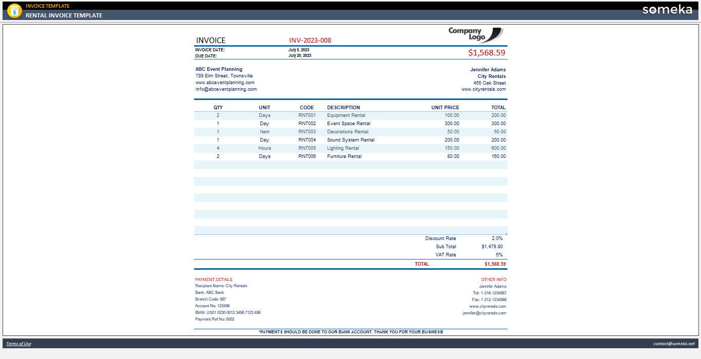 Rental invoice template free template 
