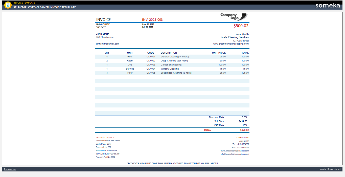 Self-Employed-Cleaner Invoice Template Someka Example Cover