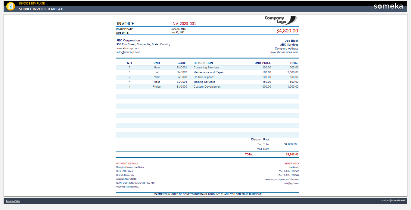 Service Invoice Example Someka Example Cover