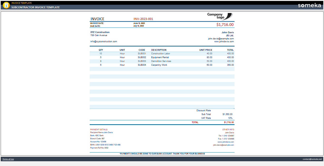 Subcontractor Invoice Template Someka Example Cover