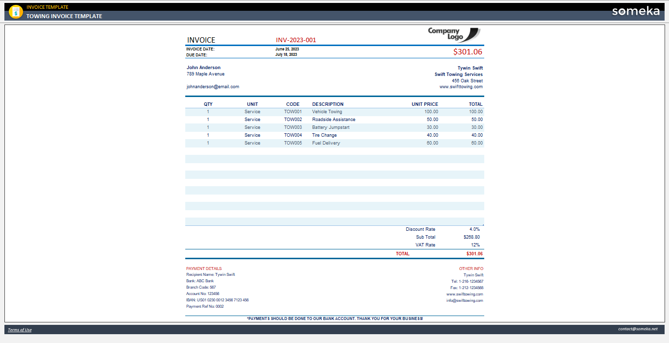 Towing Invoice Template Someka Example Cover