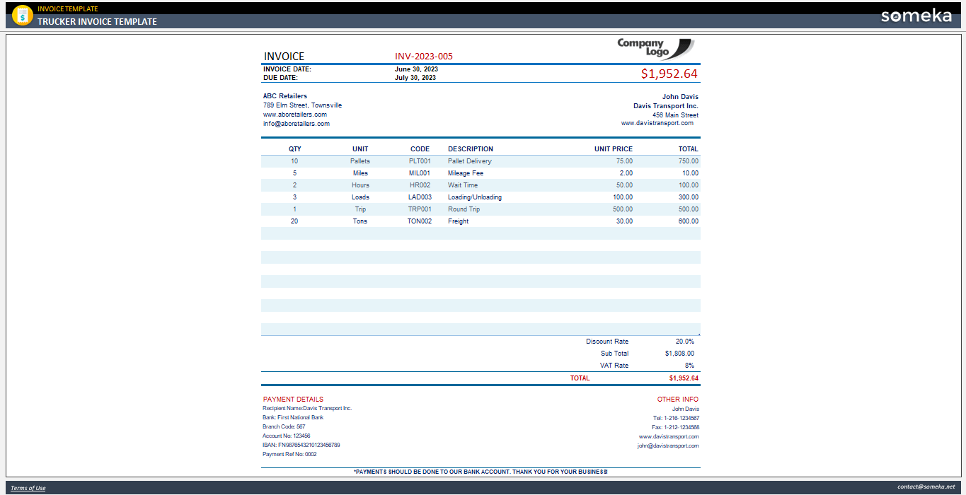 Trucker Invoice Template Someka Example Cover