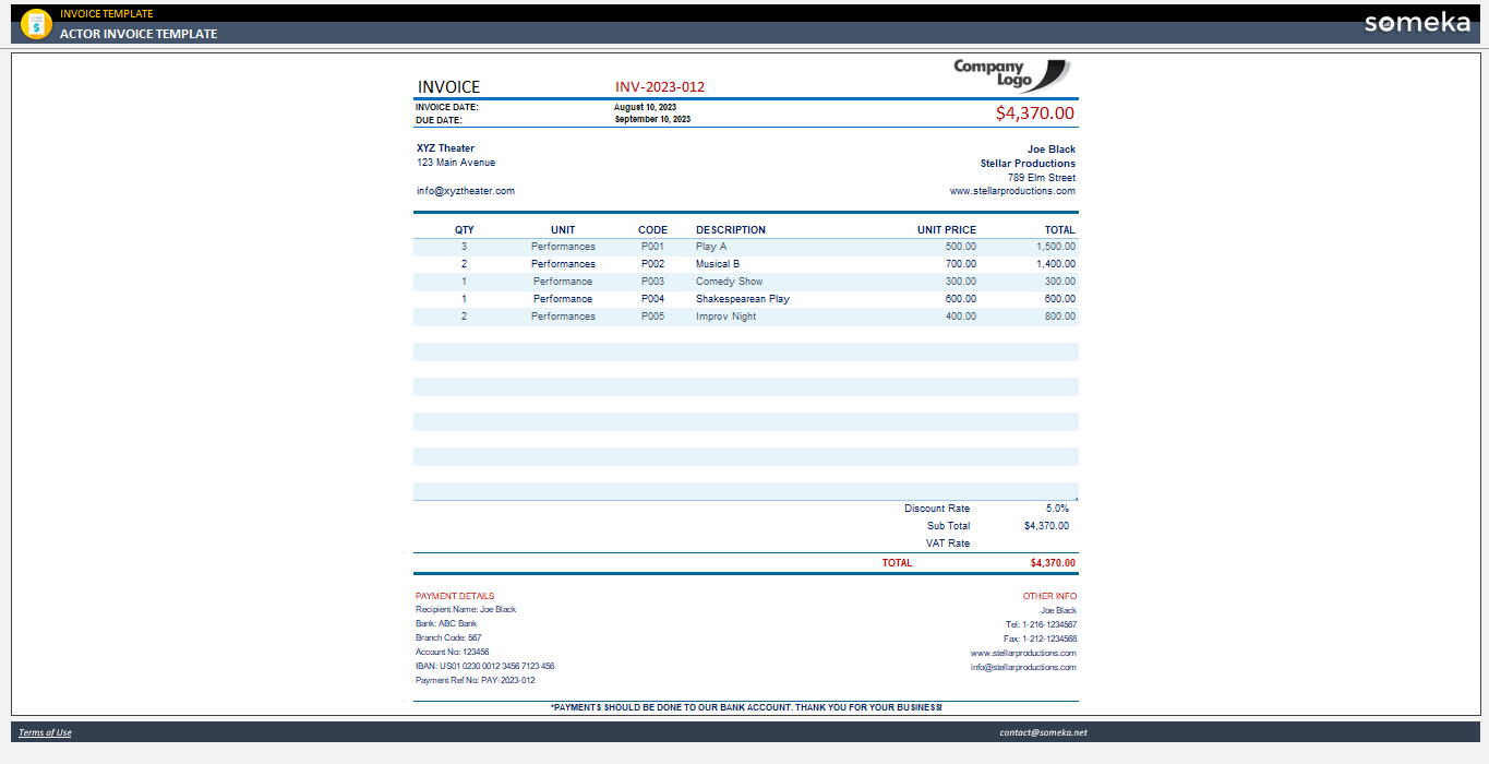 Actor Invoice Template Someka Example Cover