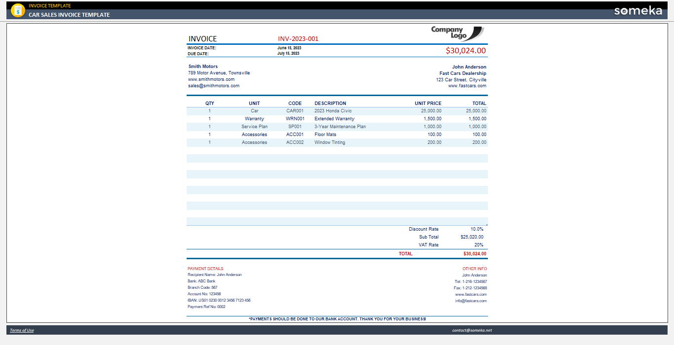 Car Sales Invoice Template Someka Example Cover