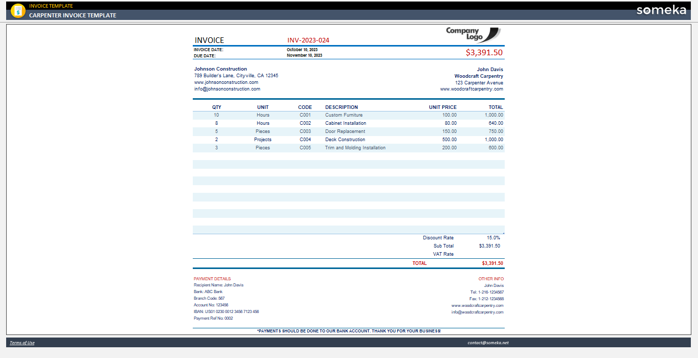 Carpenter Invoice Template Someka Example Cover