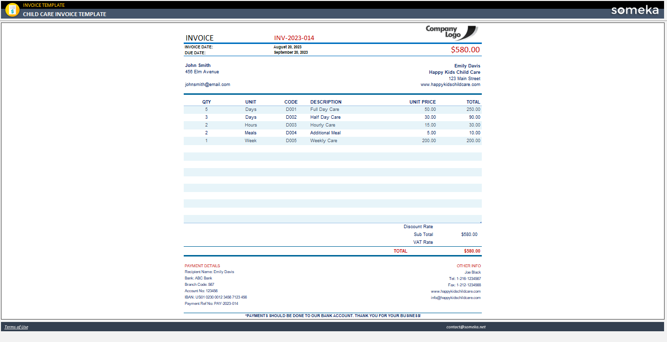 Child Care Invoice Template Someka Example Cover