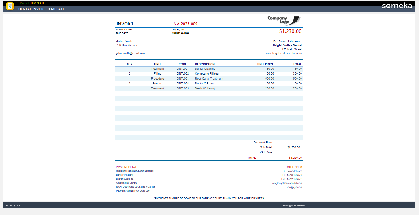 Dental Invoice Template Someka Example Cover