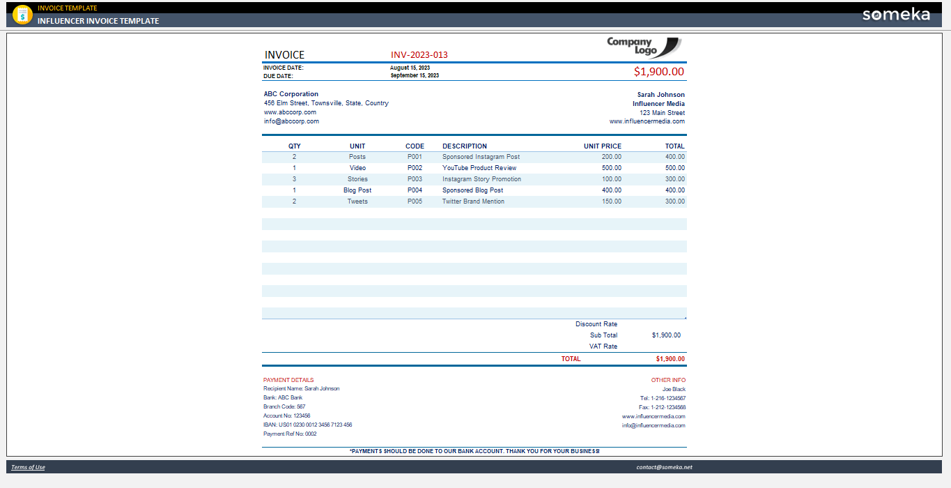 Influencer Invoice Template Someka Example Cover