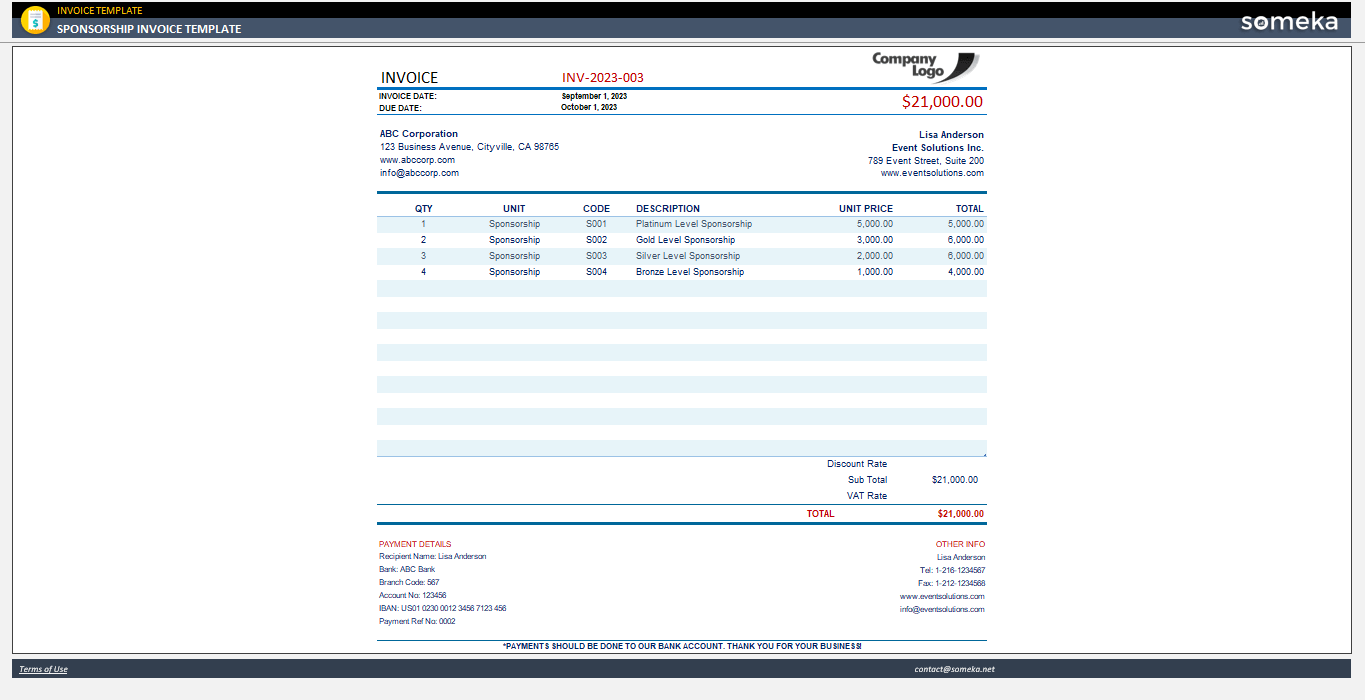 Sponsorship Invoice Template Someka Example Cover