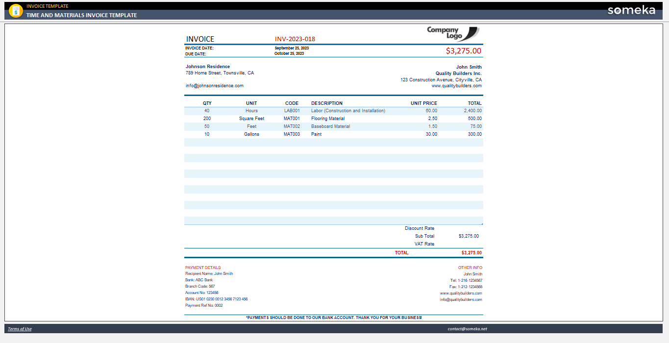 Time and Materials Invoice Template Someka Example Cover