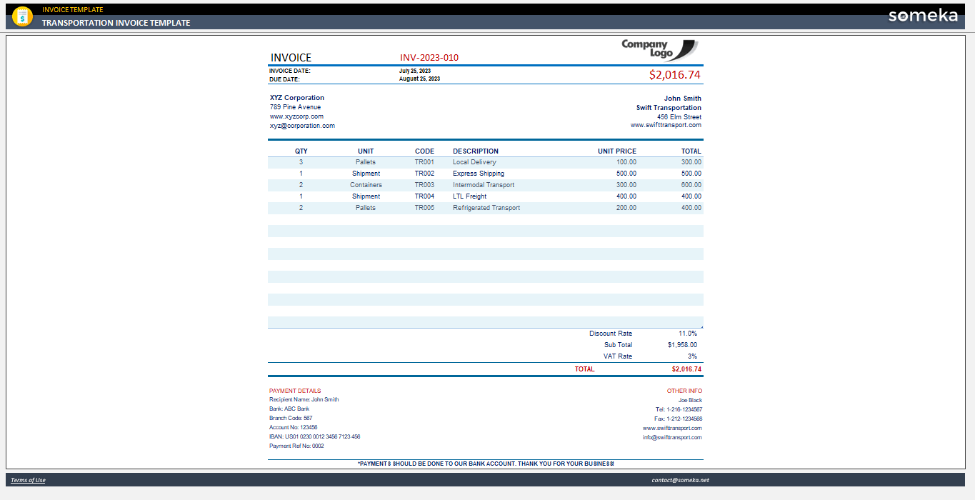 Transportation Invoice Template [Free Template]