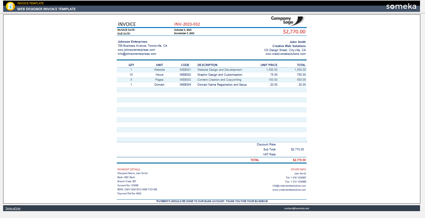 Web Designer Invoice Template Someka Example Cover