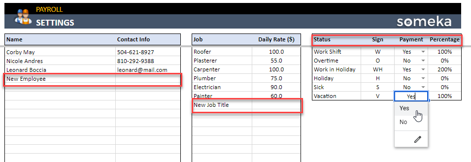 Settings for employee attandance tracker