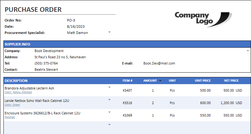 purchase order form in ready to use layout