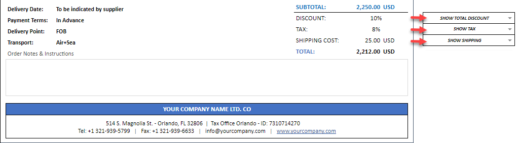 toggle display features of discounts, taxes, shipping costs