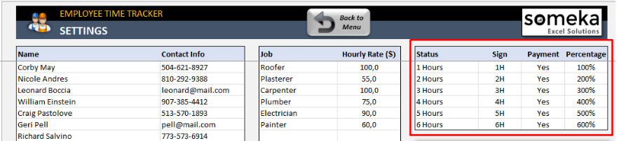 Employee Attendance Tracker Someka template Settings