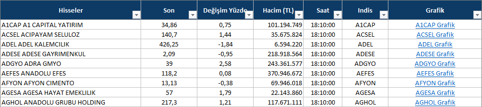 borsa istanbul excel veri çekim