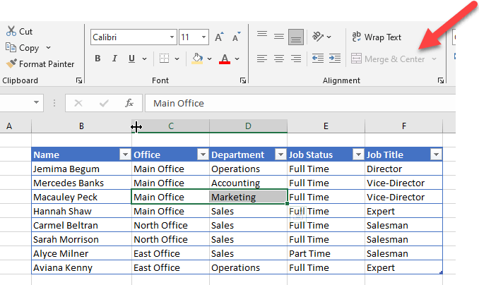 Merging cells in Excel table formats