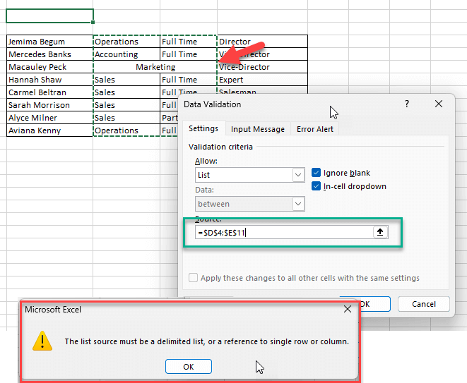 Data validation in merged cells