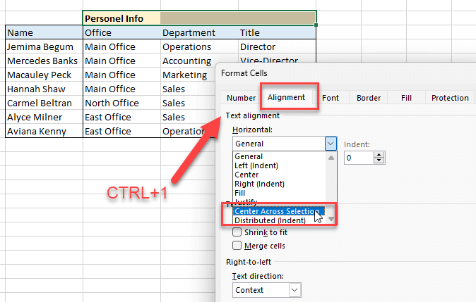 Center Cross Selection in Excel