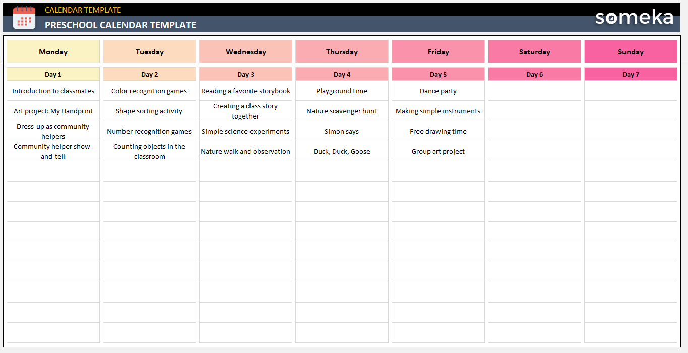 Preschool Calendar Template Free Excel And PDF 