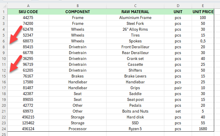 Hidden rows in excel