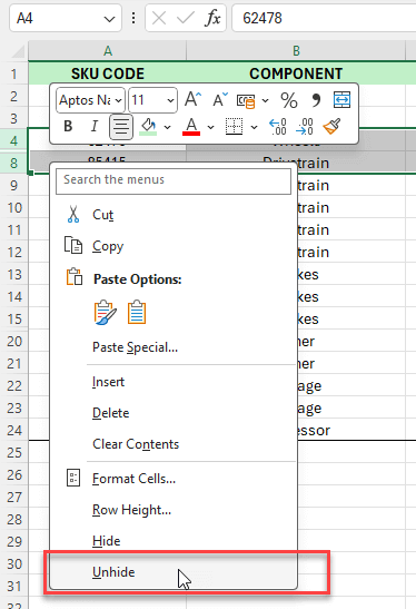 Unhide specific rows in excel