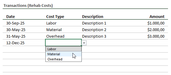 Home Renovation Expense Spreadsheet