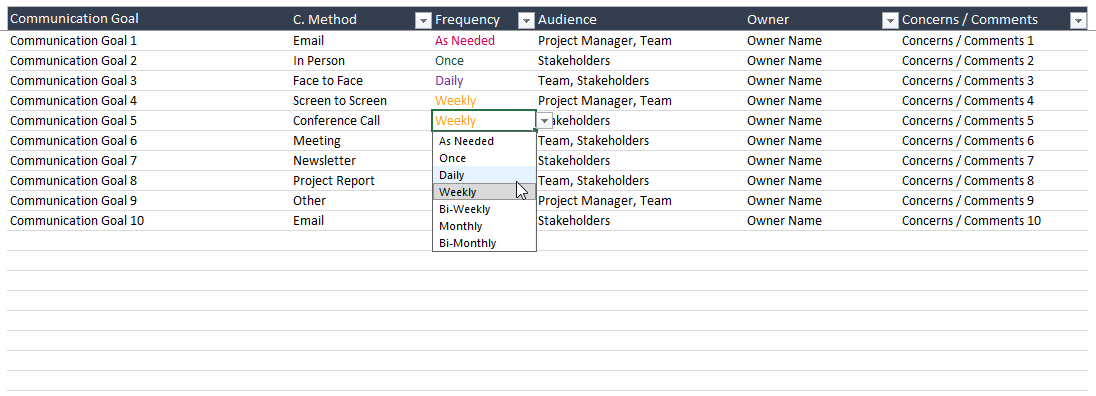 Managing Project Goals Spreadsheet