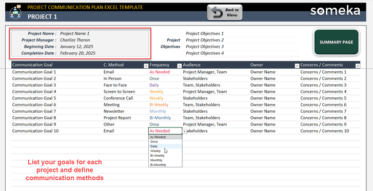 Project Communication Plan Template for Excel