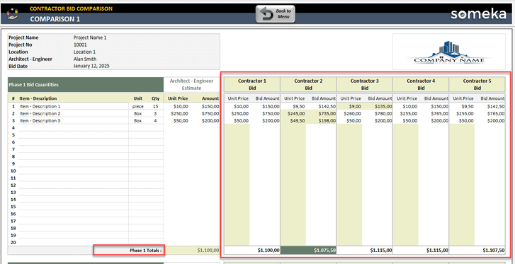 Contractor Bid Comparison Spreadsheet | Excel Template