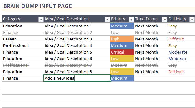Idea Tracking Spreadsheet