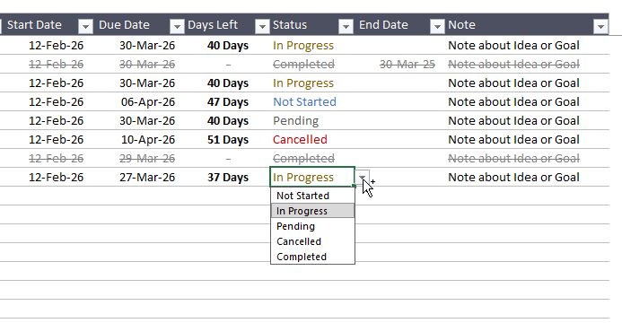 Goal Tracking Spreadsheet