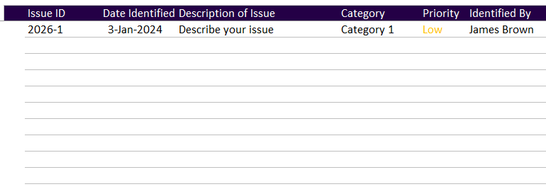 Issues Log Spreadsheet