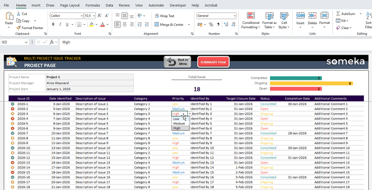 Multi Project Issue Tracker Excel Template