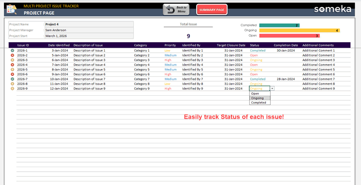 Multi Project Issue Tracker Excel Template