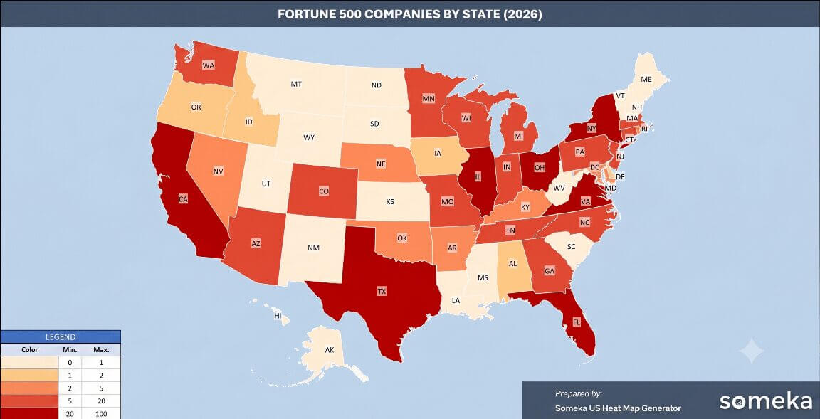 Fortune 500 şirket merkezleri ABD ısı haritası